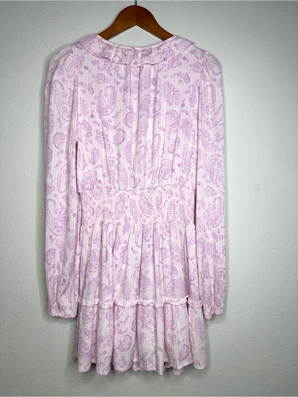 House of Harlow 1960 Boho Paisley Smocked Mini Dress S Lilac Puff Sleeve - Picture 8 of 14